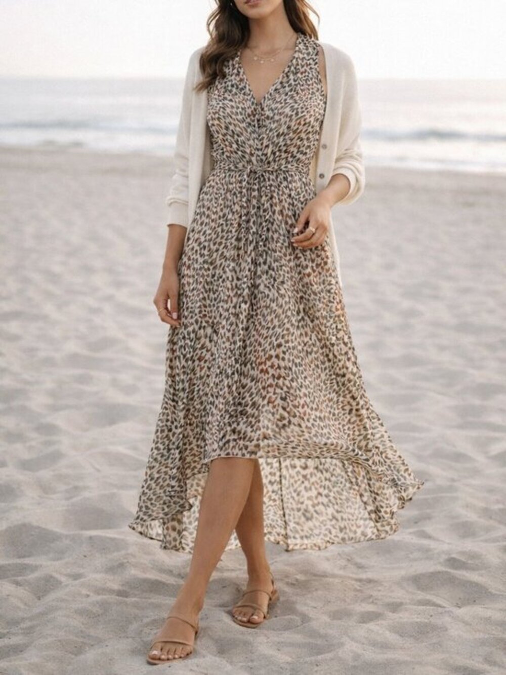 Molly Bracken Sleeveless Animal Print Midi Dress M Boho Tie Waist